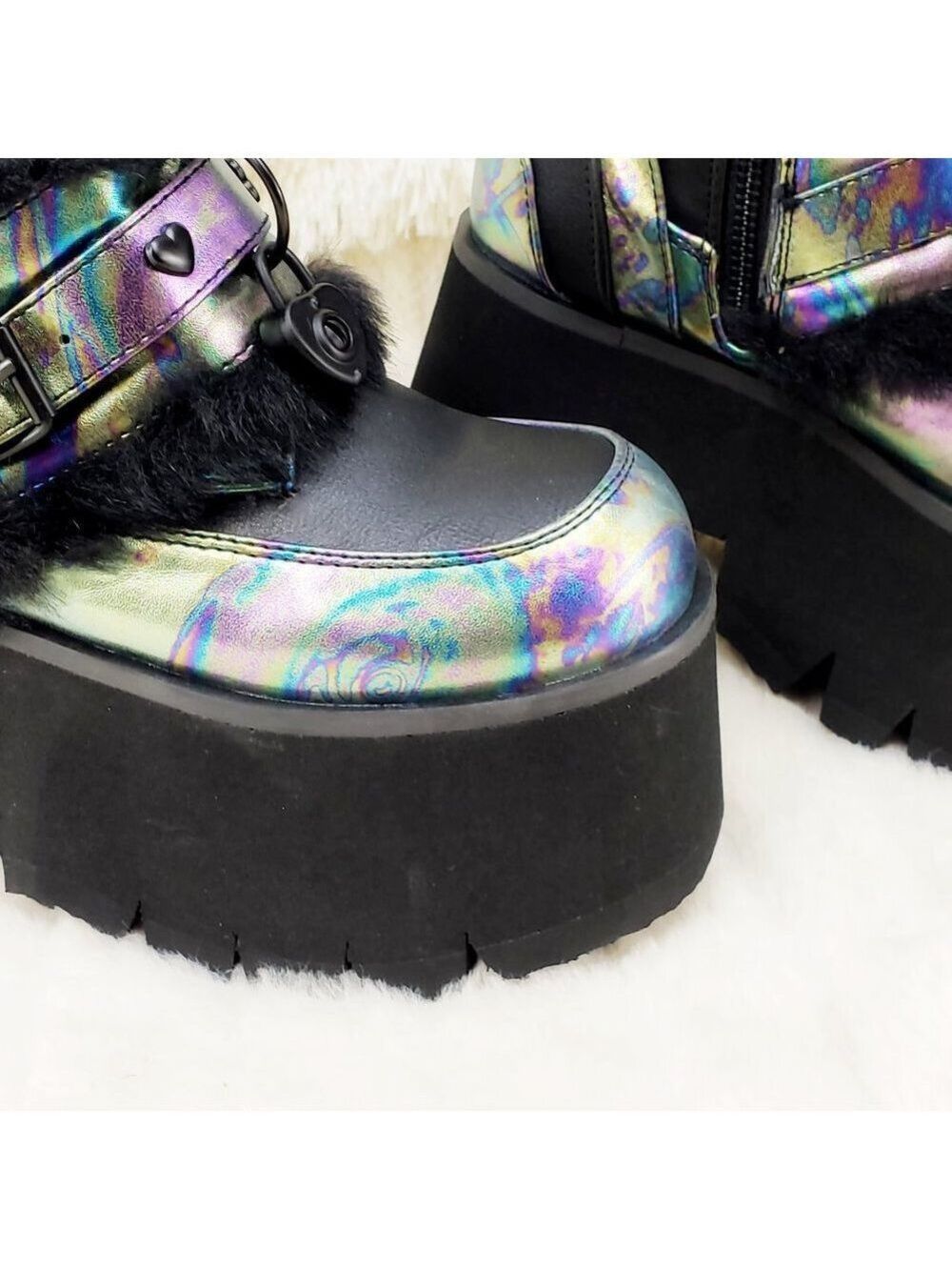 Ash Goth Punk Furry Mid Calf Platform Boots - Picture 12 of 15